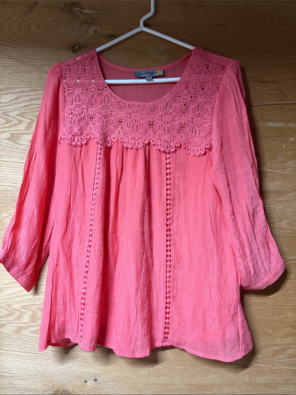 Figueroa & Flowers Coral Pink Crochet Yoke Peasant Top